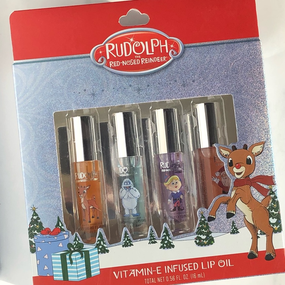 TASTE BEAUTY Flavored Lip Oil Set 4 Rudolph Gingerbread Peppermint Blueberry NEW